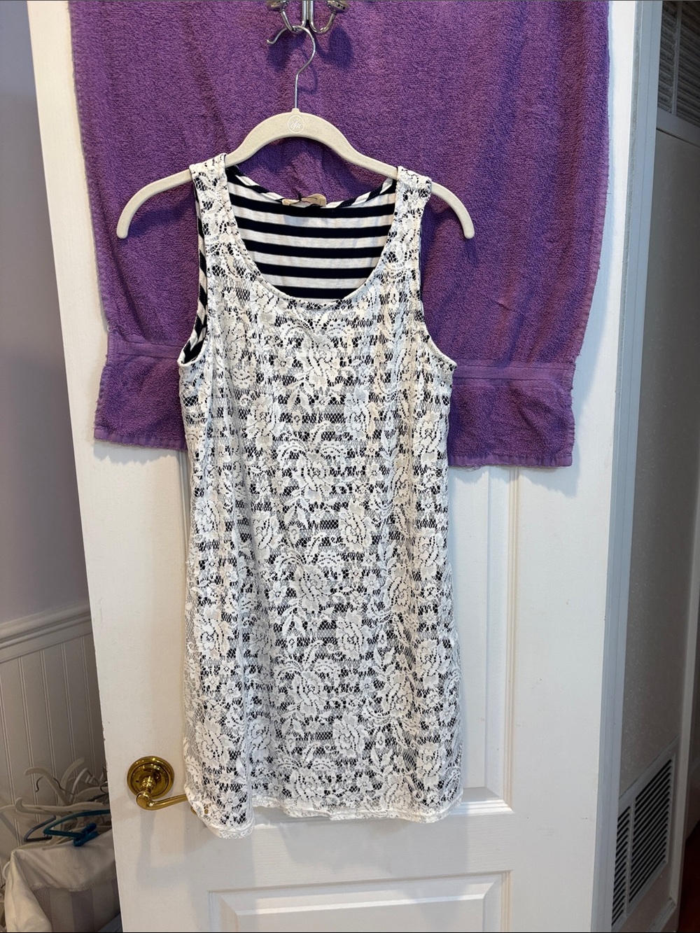NWT Sleeveless White Lace Overlay Dress with Striped Lining
